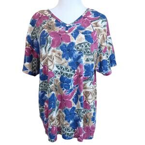 VINTAGE Tunic Top Blouse READ XL Likely Linen Blend Floral Hibiscus Short Sleeve